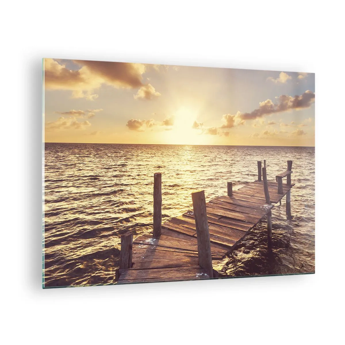 Schilderen op glas - Een houten steiger tegen de achtergrond van de ondergaande zon - 70x50cm - Het gouden land van zachtheid - Moderne wanddecoratie voor woonkamer en slaapkamer ARTTOR