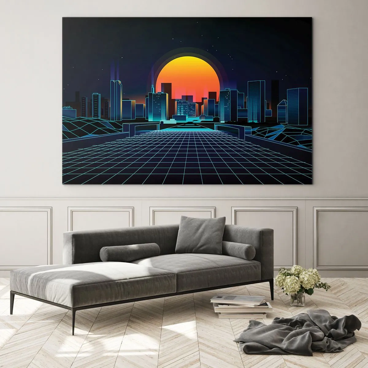 Schilderen op glas - Futuristisch stadspanorama met zonsondergang - 70x50cm - Wil je nog steeds naar het echte? - Moderne wanddecoratie voor woonkamer en slaapkamer ARTTOR