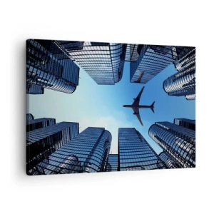 Schilderen op canvas - Een vliegtuig vliegt over moderne wolkenkrabbers in het stadscentrum. - 70x50cm - Het uitzicht vanuit het glazen ravijn - Moderne wanddecoratie voor woonkamer en slaapkamer ARTTOR