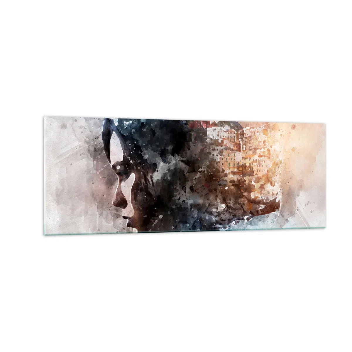 Schilderen op glas - Een verhaal over een meisje met een stad op de achtergrond - 140x50 cm