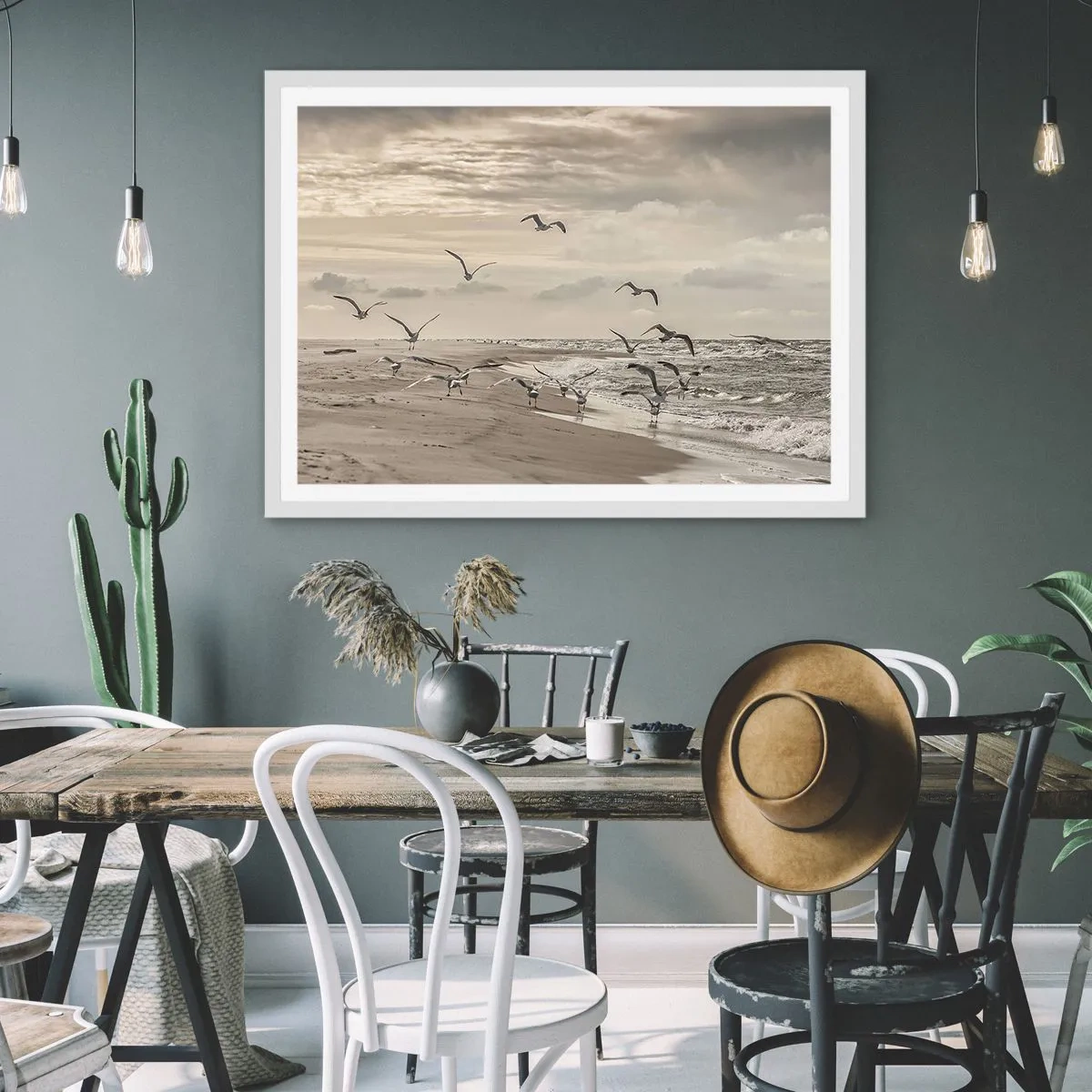 Poster in een witte lijst - Het geluid van de zee, het zingen van vogels - 91x61 cm