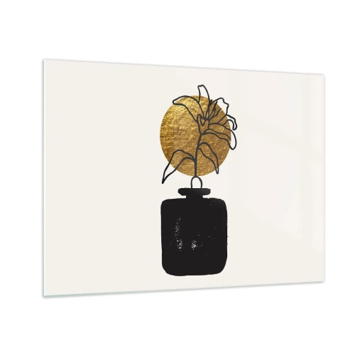 Schilderen op glas - Minimalistische afbeelding met een bloem in een gouden cirkel en een zwarte vaas - 70x50cm - Schoonheid is goud waard - Moderne wanddecoratie voor woonkamer en slaapkamer ARTTOR