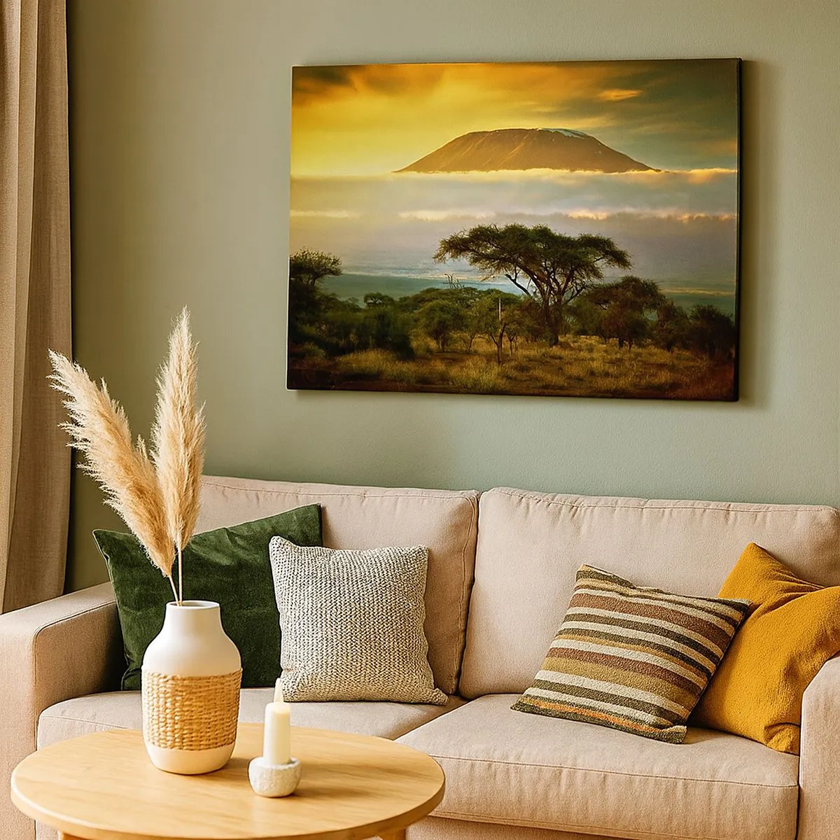 Schilderen op canvas - Afrikaans landschap met de Kilimanjaro bij zonsopgang - 70x50cm - Een reizigersdroom - Moderne wanddecoratie voor woonkamer en slaapkamer ARTTOR