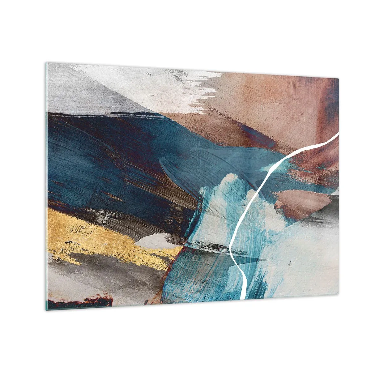 Schilderen op glas - Een abstracte compositie in turquoise, goud en bruin. - 70x50cm - Met panache en energie - Moderne wanddecoratie voor woonkamer en slaapkamer ARTTOR