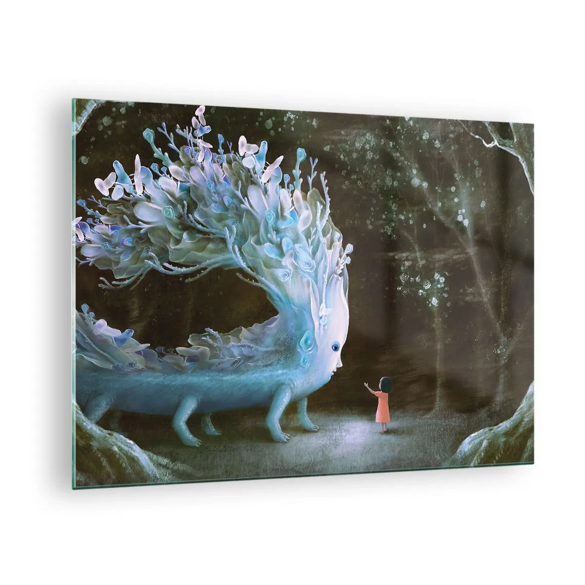 Schilderen op glas - Een meisje komt in het bos een magisch wezen tegen. - 70x50cm - Fantastische ontmoeting - Moderne wanddecoratie voor woonkamer en slaapkamer ARTTOR