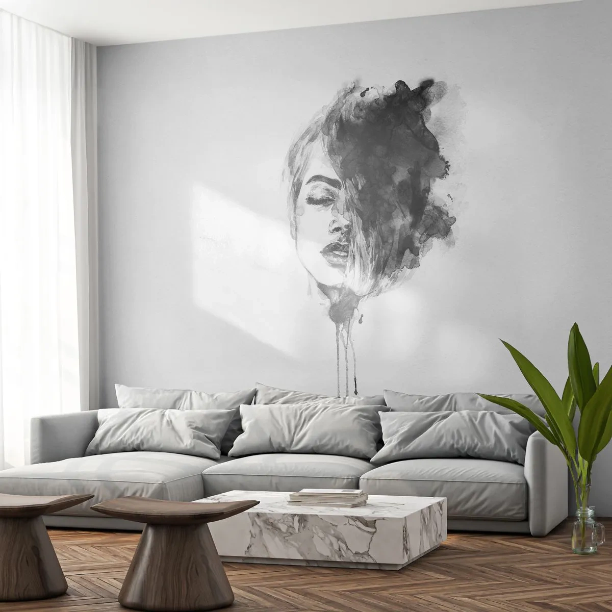 Fotobehang op maat Standard Eco - Waar droomt het meisje over? - Portret van een vrouw, Het gezicht van de vrouw, Abstractie