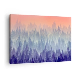 Schilderen op canvas - Een mistig bos in tinten paars en oranje - 70x50cm - Hoog, hoger, naar de hemel - Moderne wanddecoratie voor woonkamer en slaapkamer ARTTOR