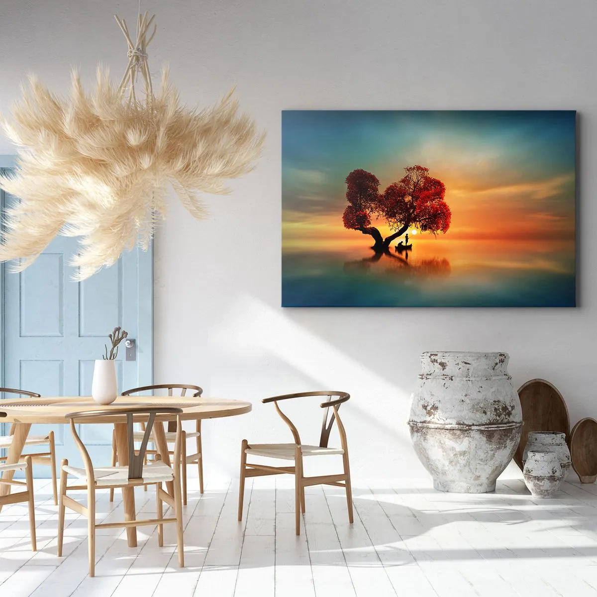 Schilderen op canvas - Een roodbladige boom en een boot op het water bij zonsondergang - 70x50cm - Afstanders en de stilte van de wereldlozen - Moderne wanddecoratie voor woonkamer en slaapkamer ARTTOR