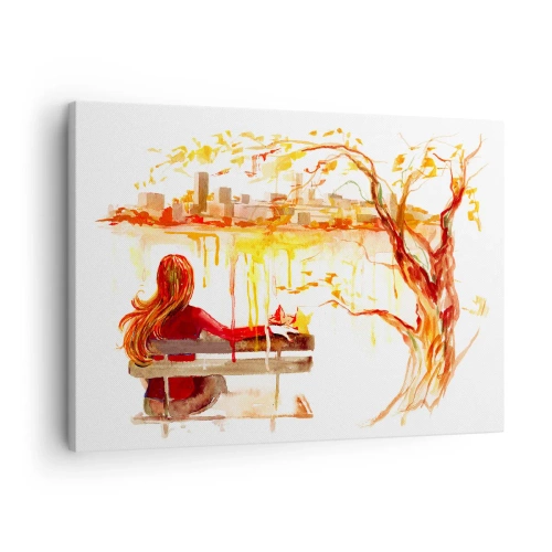 Schilderen op canvas - Aquarelscène van een vrouw op een bankje met uitzicht op de stad - 70x50cm - Een moment van bezinning - Moderne wanddecoratie voor woonkamer en slaapkamer ARTTOR
