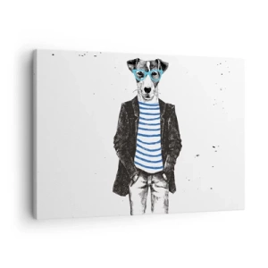 Schilderen op canvas - Portret van een hond met een bril en een matrozenhemd in een humoristische stijl - 70x50cm - God behoed! - Moderne wanddecoratie voor woonkamer en slaapkamer ARTTOR