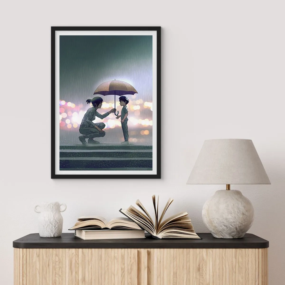 Poster in een zwarte lijst - Een volwassene geeft een paraplu aan een kind tegen een regenachtige achtergrond - 50x70cm - En het is goed nu - Moderne wanddecoratie voor woonkamer en slaapkamer ARTTOR