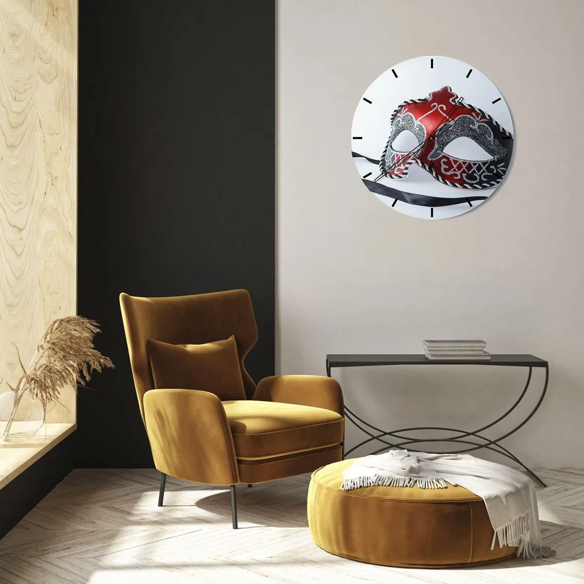 Wandklok - Klok - Carnavalsmasker in tinten rood en zwart - 30x30cm - Uitnodiging voor het bal - Moderne wanddecoratie voor woonkamer, keuken en slaapkamer ARTTOR