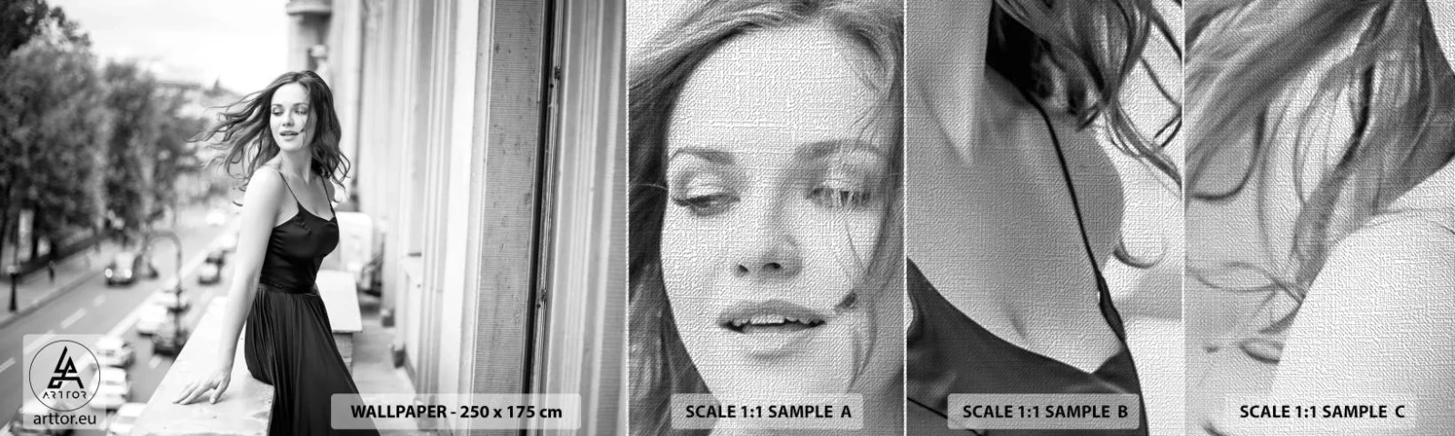 Fotobehang Monster Premium Canvas - Zeker een Parijzenaar - Vrouw, Stad, Architectuur - 100x30 cm