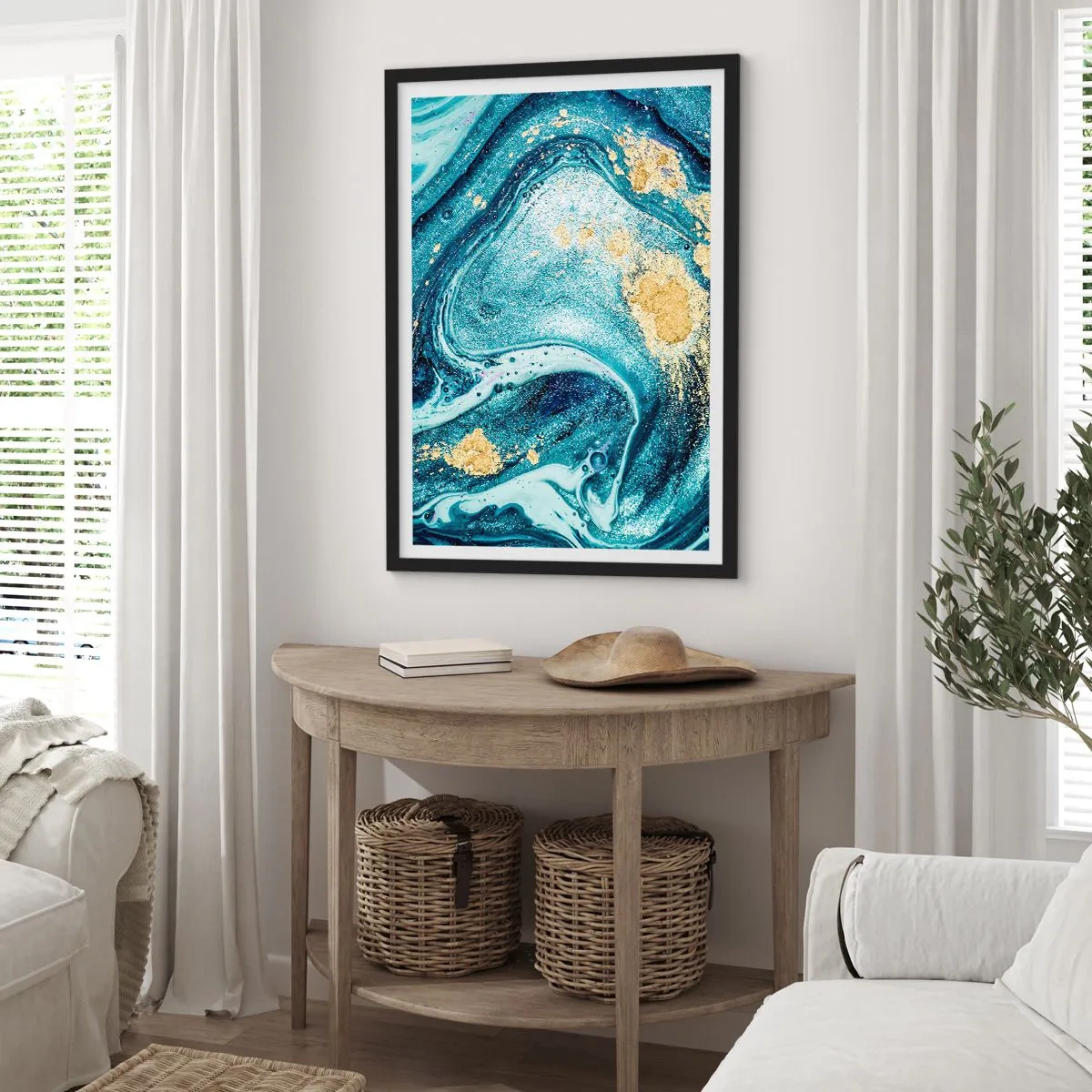 Poster in een zwarte lijst - Abstract patroon met tinten blauw en goud - 50x70cm - Blauwe draaikolk - Moderne wanddecoratie voor woonkamer en slaapkamer ARTTOR
