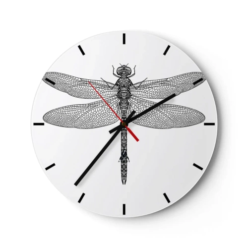 Wandklok - Klok - Gedetailleerde illustratie van een libel in zwart op een witte achtergrond - 30x30cm - Precisie van de natuur - Moderne wanddecoratie voor woonkamer, keuken en slaapkamer ARTTOR