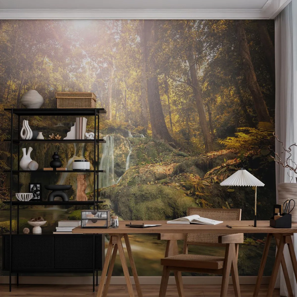 Fotobehang Premium Canvas - Boscascade in het groen - Landschap, Waterval, Woud - 450x315 cm