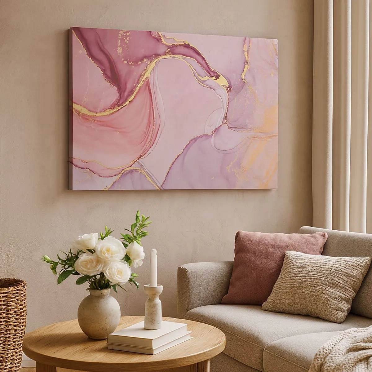 Schilderen op canvas - Fijne abstracte patronen in tinten roze en goud - 70x50cm - Een streling van kleuren - Moderne wanddecoratie voor woonkamer en slaapkamer ARTTOR