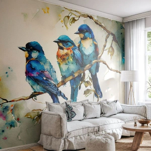 Fotobehang Premium Sand - Is hij boos geworden? - Vogels, Natuur, Waterverf - 200x140 cm