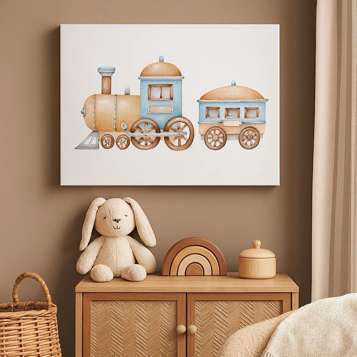 Schilderen op canvas - Tekening van een trein in pasteltinten op een witte achtergrond - 70x50cm - Hij staat op het station... - Moderne wanddecoratie voor woonkamer en slaapkamer ARTTOR