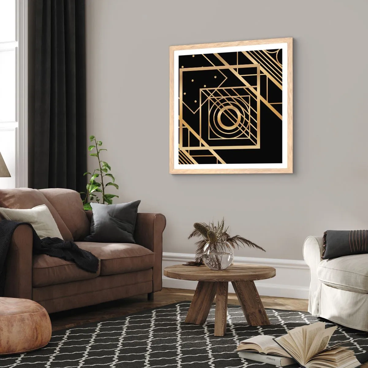 Een poster in een licht eiken lijst - Gouden geometrie - 40x40 cm