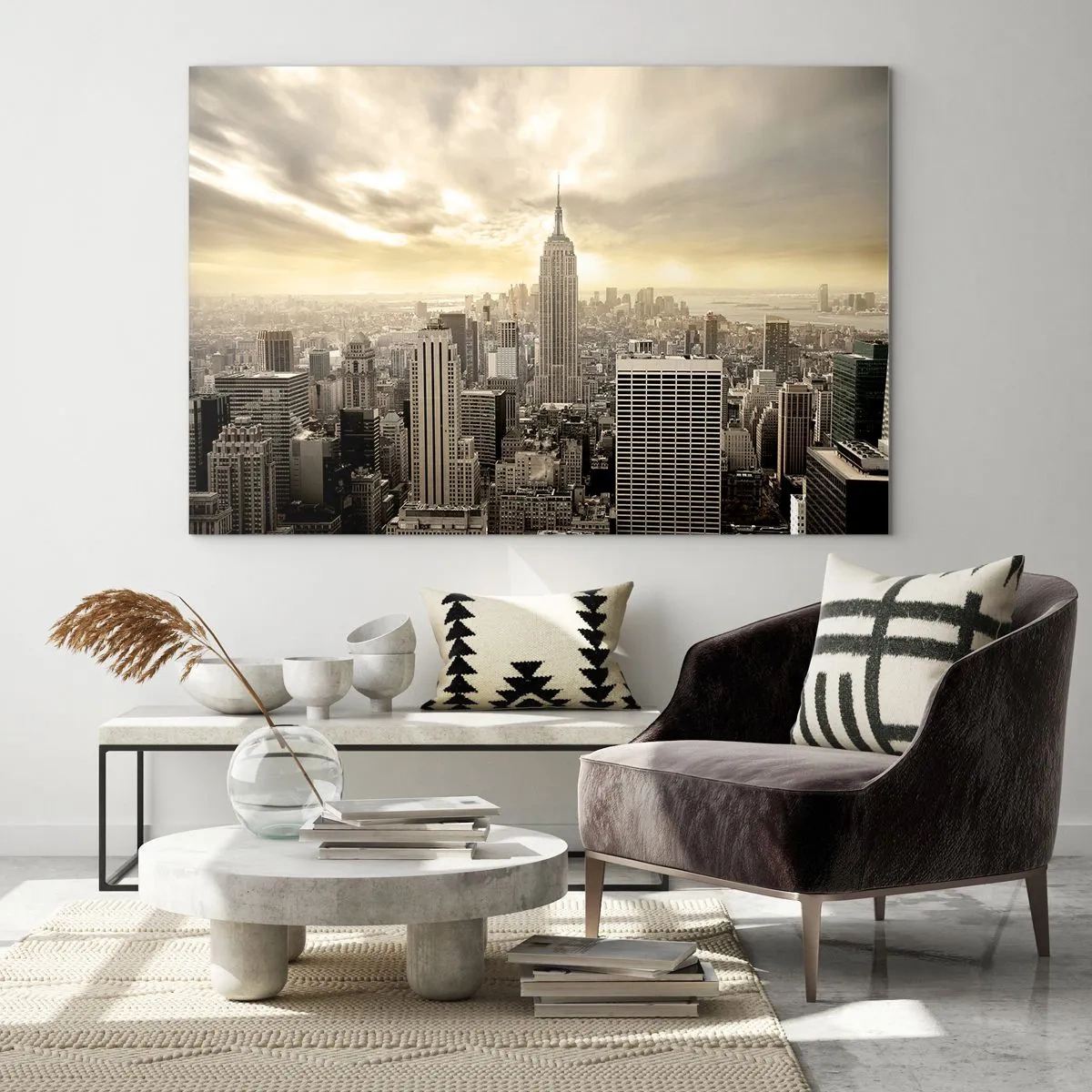 Schilderen op glas - Stadspanorama met wolkenkrabbers en het Empire State Building - 70x50cm - New York geweven van grijs - Moderne wanddecoratie voor woonkamer en slaapkamer ARTTOR