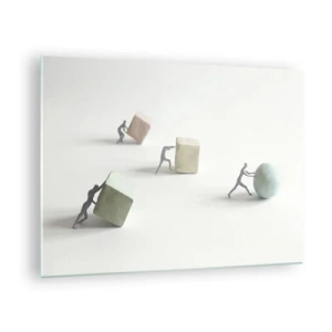 Schilderen op glas - Miniatuurfiguren rollen en duwen geometrische vormen. - 70x50cm - Puur leven - Moderne wanddecoratie voor woonkamer en slaapkamer ARTTOR