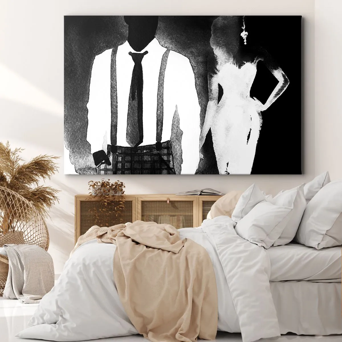 Schilderen op canvas - Personages in noirstijl, zwart-wit elegantie en mysterie - 70x50cm - In een noir sfeer - Moderne wanddecoratie voor woonkamer en slaapkamer ARTTOR