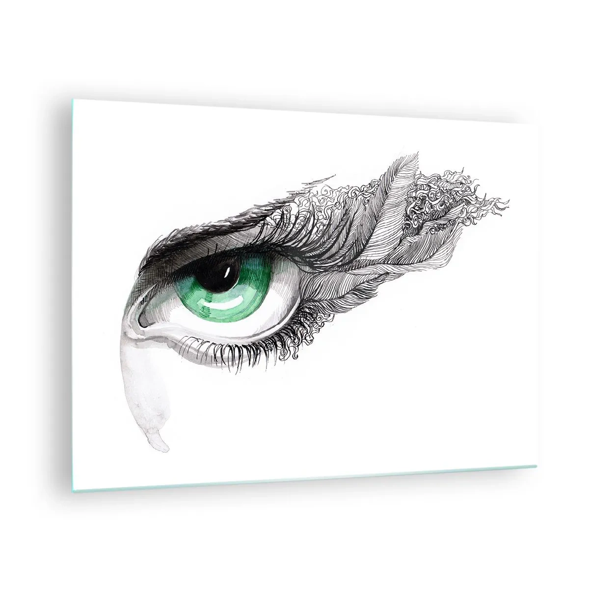 Schilderen op glas - Groen oog met veerdetails en abstracte patronen - 70x50cm - Mooi en klaar om aan te vallen - Moderne wanddecoratie voor woonkamer en slaapkamer ARTTOR