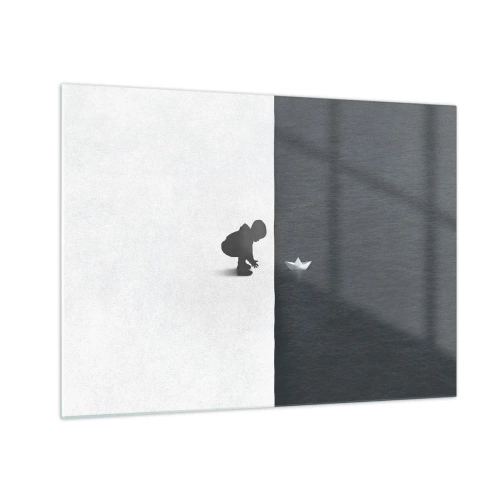 Schilderen op glas - Silhouet van een kind dat een papieren bootje in het water gooit - 70x50cm - Geweldige expeditie - Moderne wanddecoratie voor woonkamer en slaapkamer ARTTOR