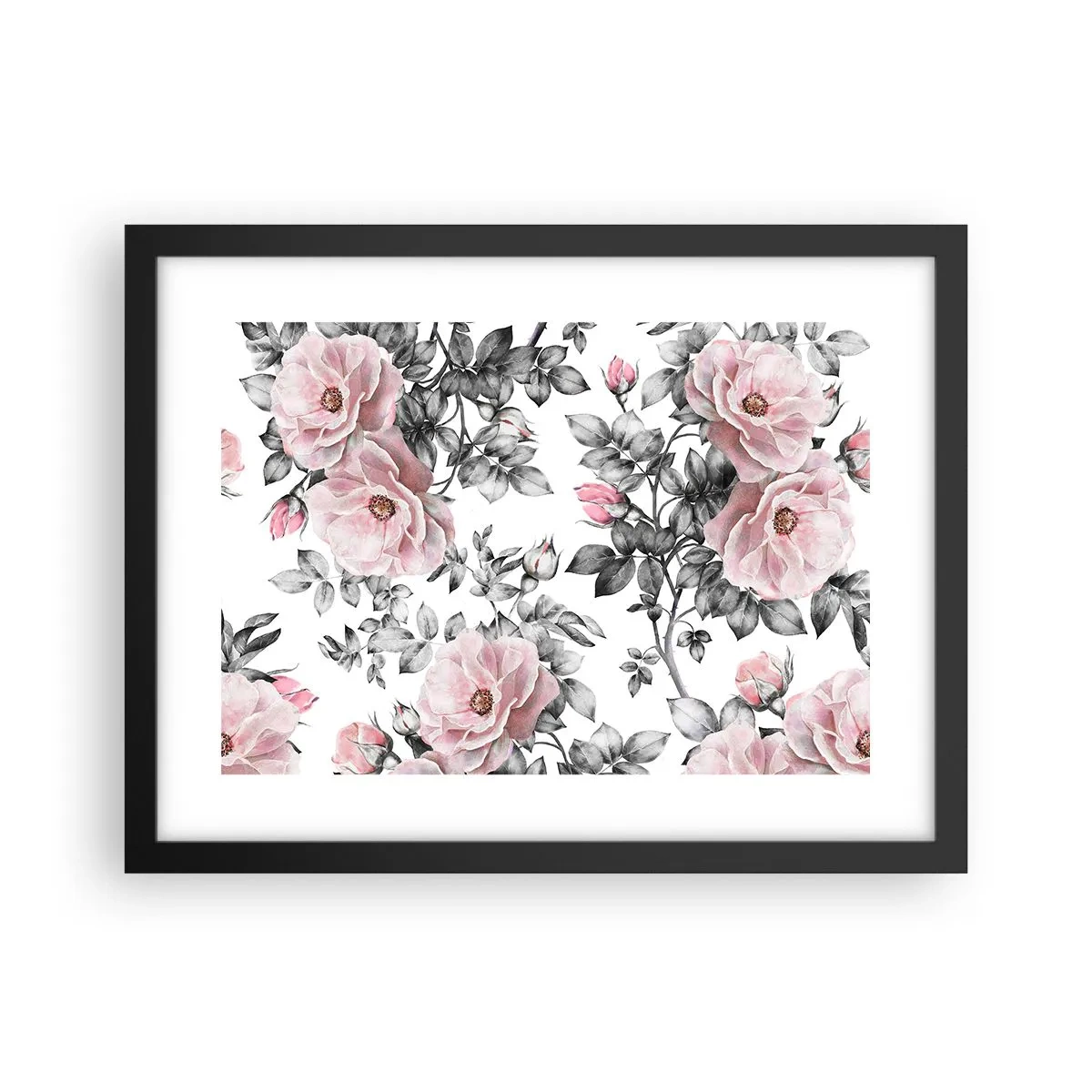 Poster in een zwarte lijst - Verdwalen in de bloemen van de rozen - 40x30 cm