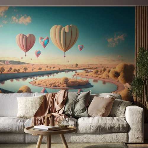 Fotobehang Standard Eco - Hartvormige ballonnen boven een kalme rivier - 100x70cm - Liefde laat je vliegen - Moderne wanddecoratie voor woonkamer en slaapkamer ARTTOR