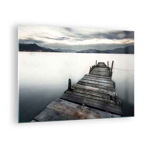 Schilderen op glas - Een houten steiger tegen de achtergrond van een kalm meer in de schemering - 70x50cm - Dompel je onder in vrede - Moderne wanddecoratie voor woonkamer en slaapkamer ARTTOR