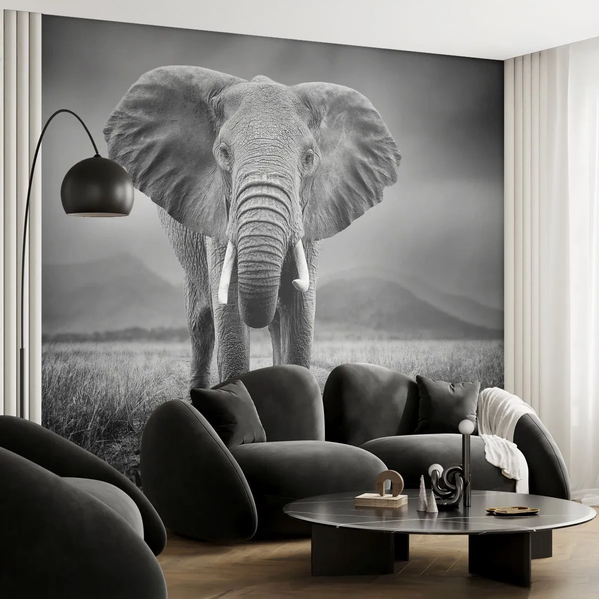 Zelfklevend Fotobehang Deluxe Sticker - De gastheer heet je welkom - Olifant, Dieren, Landschap - 350x256 cm