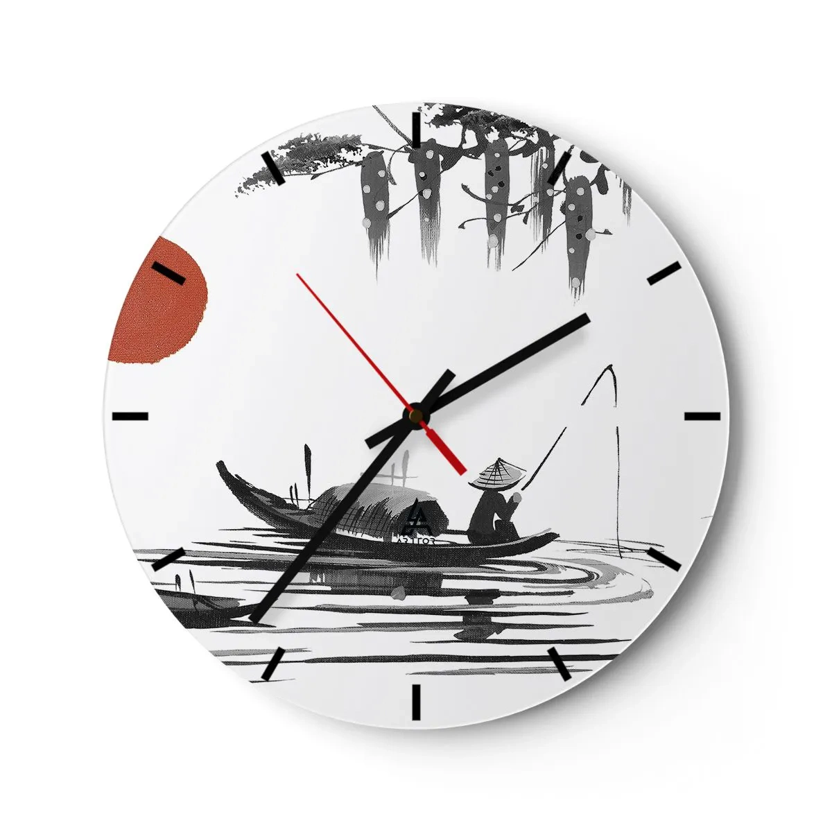 Wandklok - Klok - Traditionele illustratie van een visser in een boot tegen een rode zon - 30x30cm - Aziatische middag - Moderne wanddecoratie voor woonkamer, keuken en slaapkamer ARTTOR