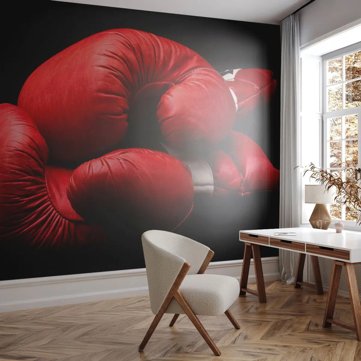 Zelfklevend Fotobehang Deluxe Sticker - De emoties van het gevecht met ons - Sport, Doos, Bokshandschoenen - 250x175 cm