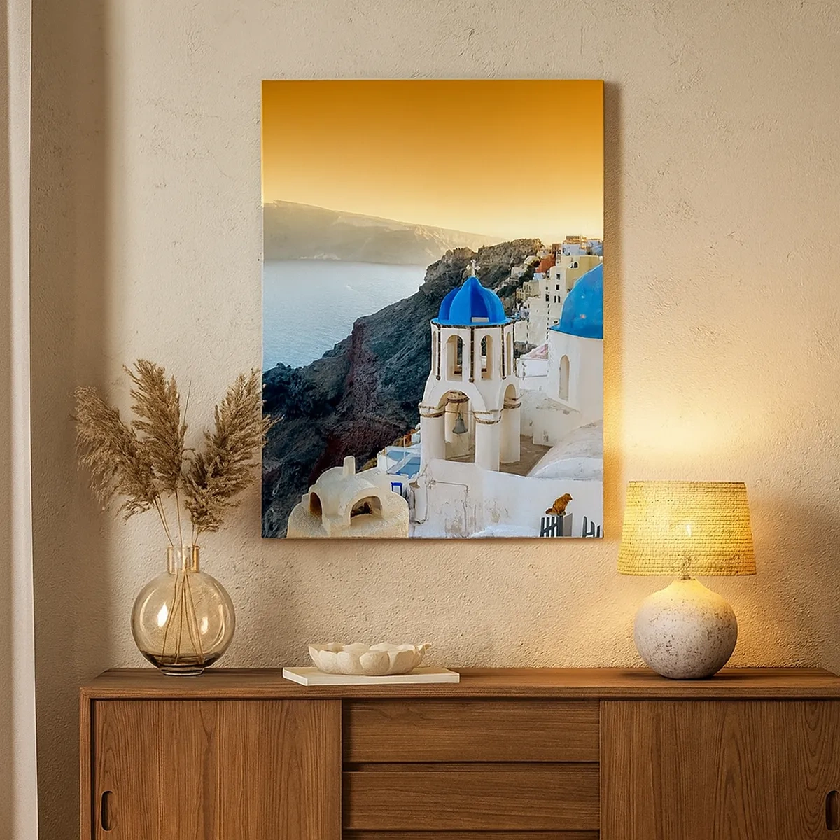 Schilderen op canvas - Santorini - genesteld tegen de rotsen - 50x70 cm