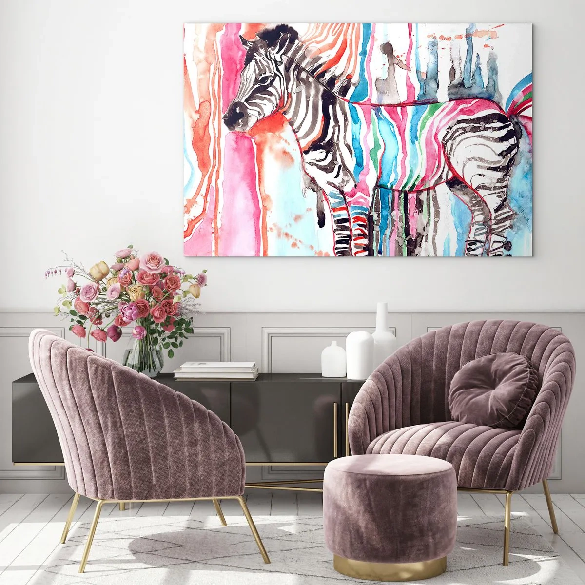 Schilderen op glas - Kleurrijke zebra in aquarelstijl - 70x50cm - Zorgeloze grap van de natuur - Moderne wanddecoratie voor woonkamer en slaapkamer ARTTOR