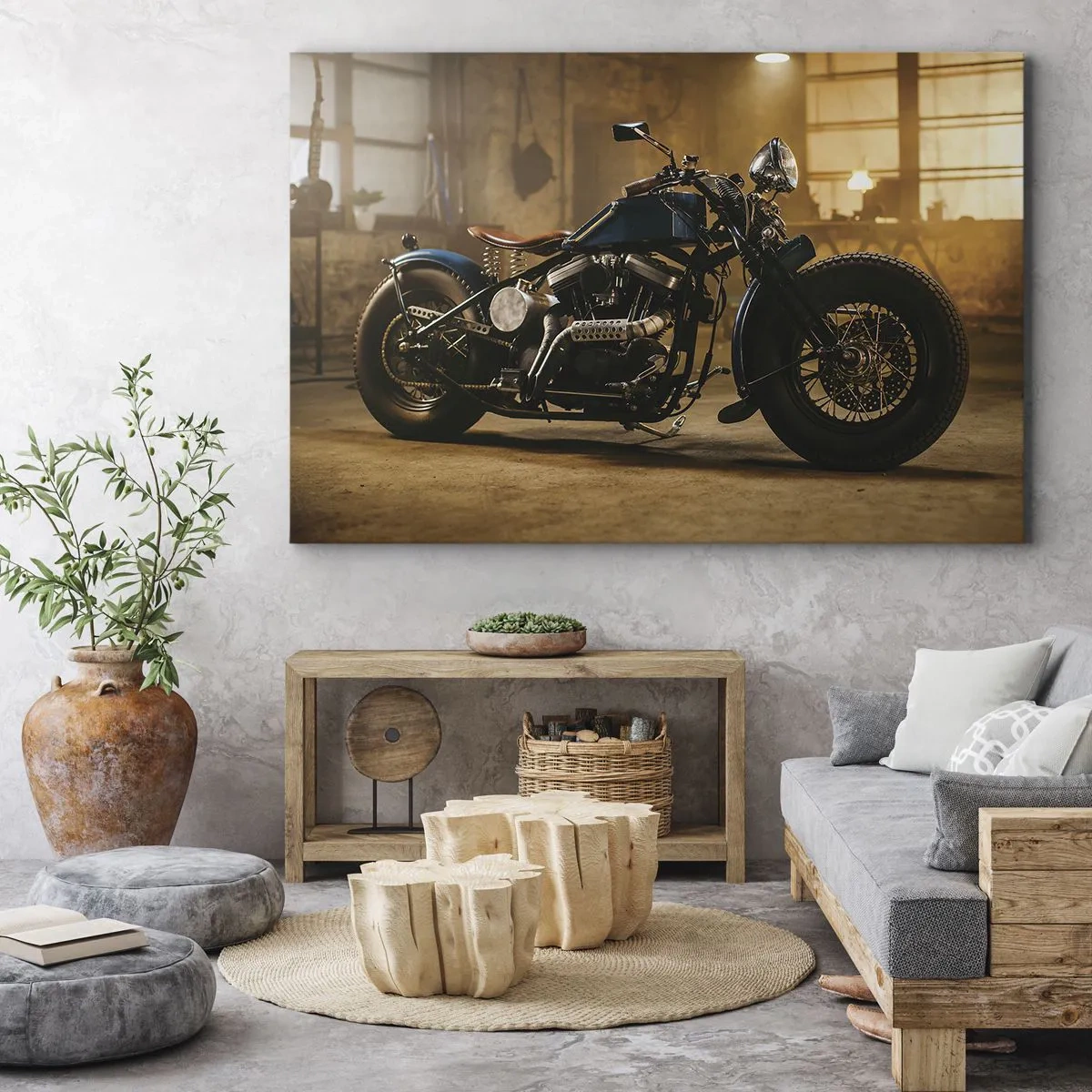 Schilderen op canvas - Een stijlvolle motorfiets in een industrieel interieur met warme verlichting - 70x50cm - Ik kan alles  - Moderne wanddecoratie voor woonkamer en slaapkamer ARTTOR