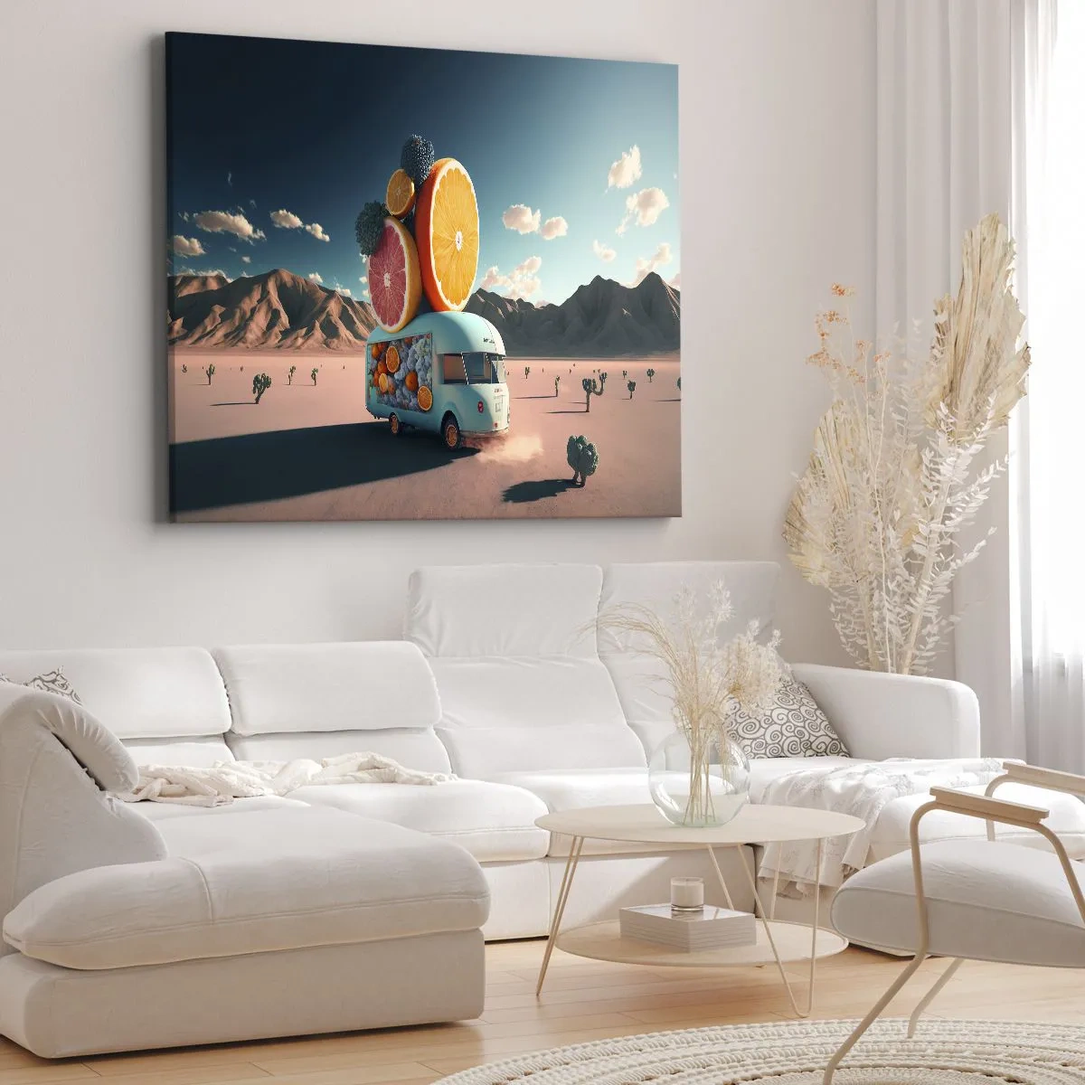 Schilderen op canvas - Fruitwagen in een woestijnlandschap - 70x50cm - De smaak van vakantie - Moderne wanddecoratie voor woonkamer en slaapkamer ARTTOR