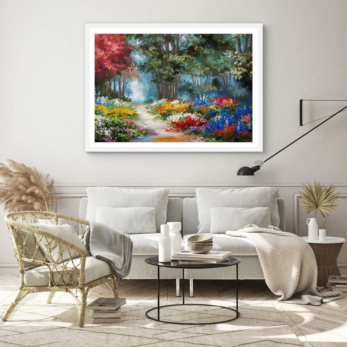 Poster in een witte lijst - Bostuin, bloemenbos - 100x70 cm