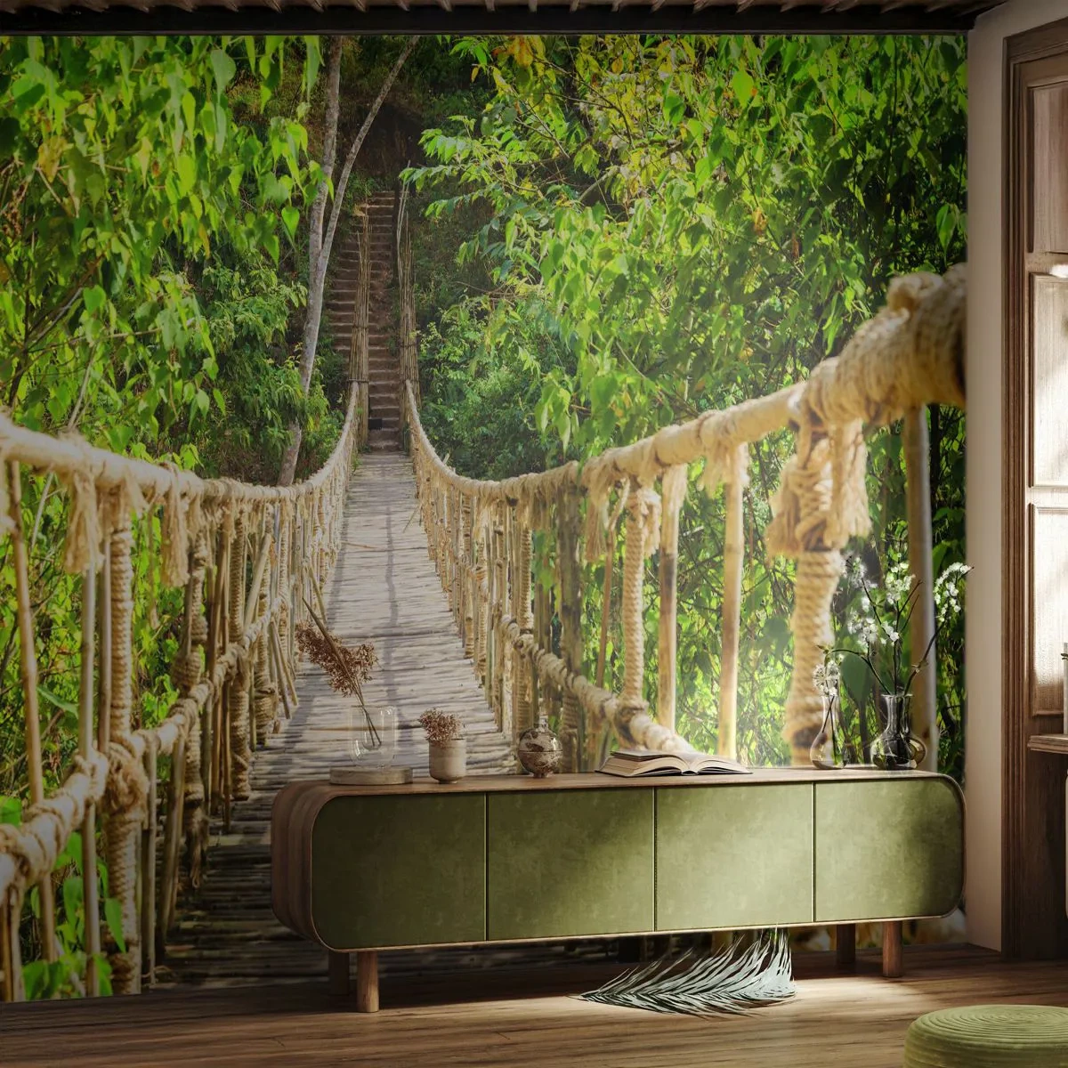 Fotobehang Standard Eco - Opgeschort in het groen - Oerwoud, Touwbrug, Natuur - 350x256 cm