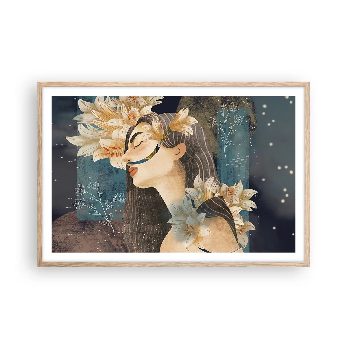 Een poster in een licht eiken lijst - Een sprookje over een prinses met lelies - 91x61 cm