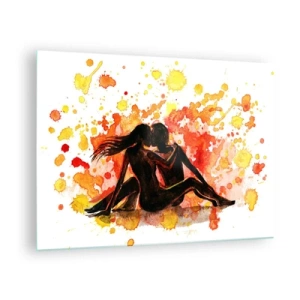 Schilderen op glas - Silhouet van een paar tegen een achtergrond van kleurrijke aquarelvlekken - 70x50cm - En er was licht - Moderne wanddecoratie voor woonkamer en slaapkamer ARTTOR