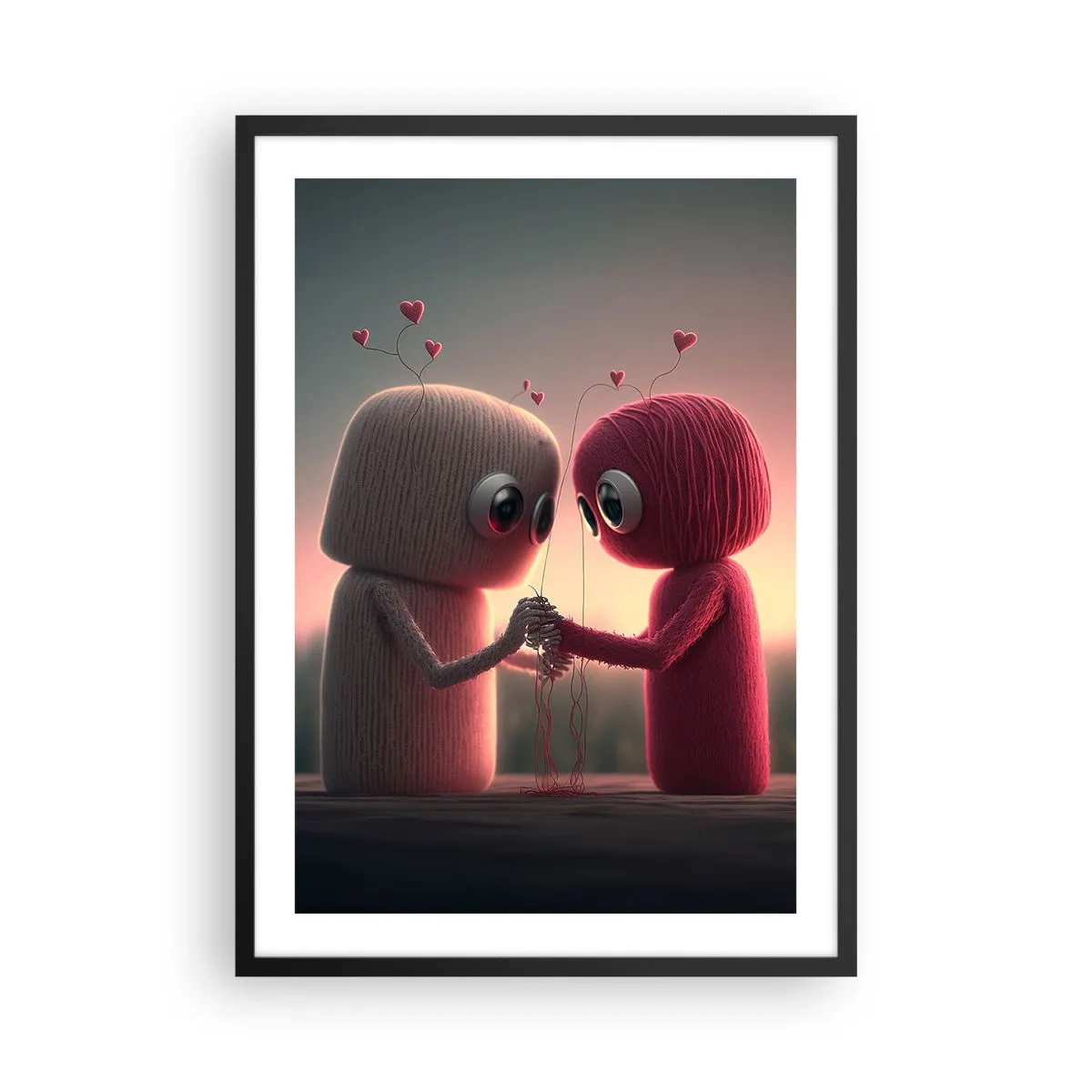 Poster in een zwarte lijst - Schattige garenfiguren die elkaars hand vasthouden - 50x70cm - Iedereen mag liefhebben - Moderne wanddecoratie voor woonkamer en slaapkamer ARTTOR