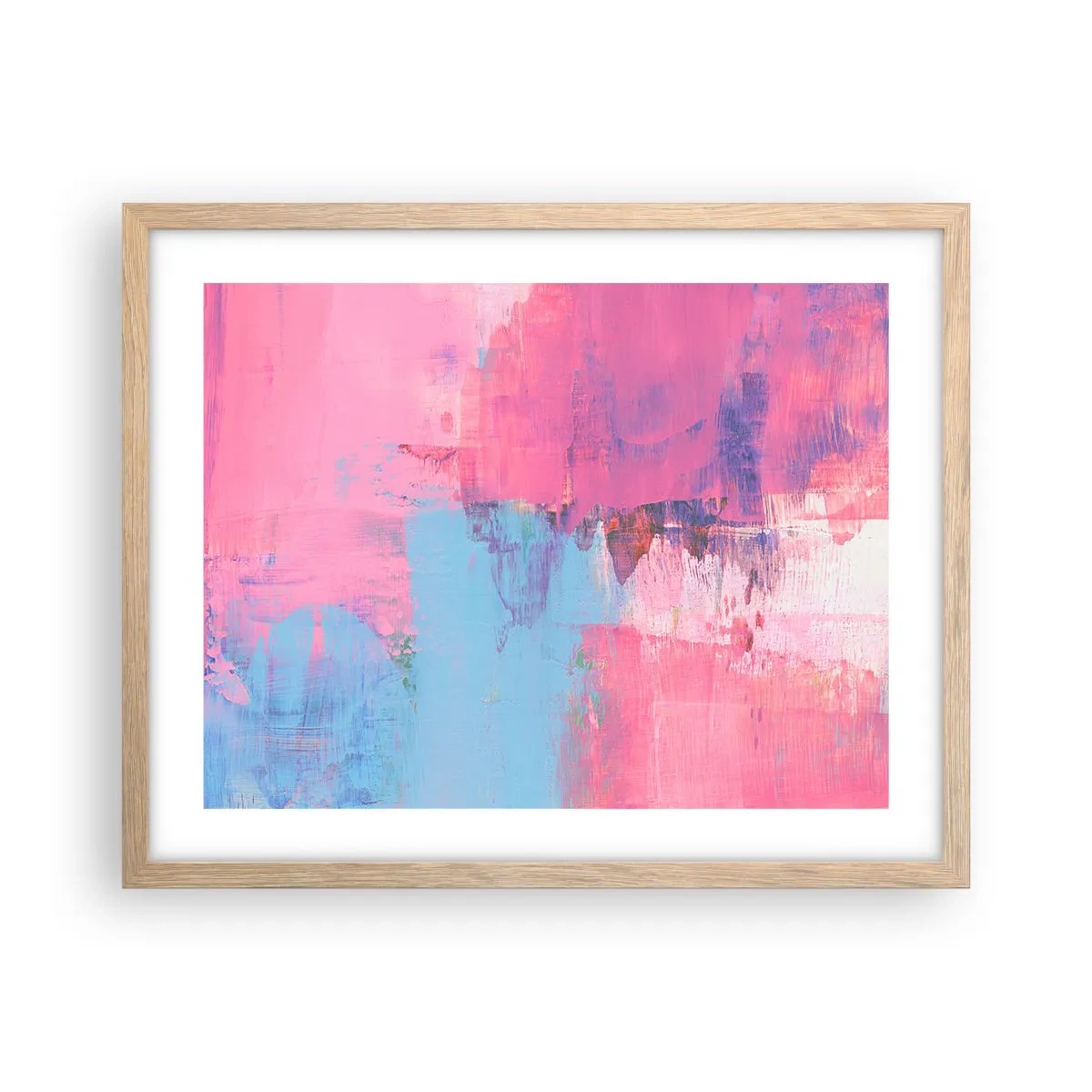 Een poster in een licht eiken lijst - Roze, blauw en een vleugje licht - 50x40 cm