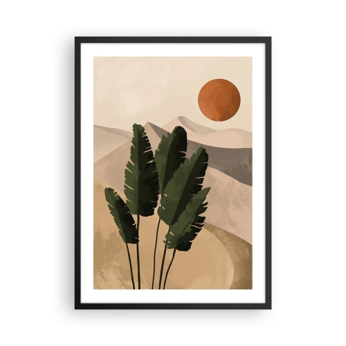 Poster in een zwarte lijst - Planten in een woestijnachtige omgeving met ondergaande zon, abstract landschap - 50x70cm - De triomf van het leven - Moderne wanddecoratie voor woonkamer en slaapkamer ARTTOR