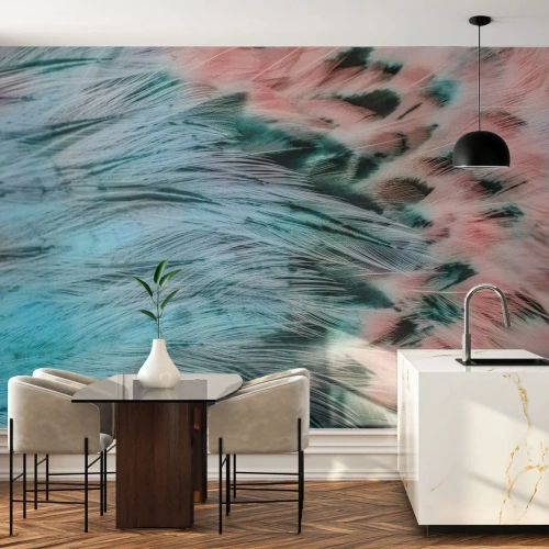 Zelfklevend Fotobehang Deluxe Sticker - Saffier roze dons - Abstractie, Deel, Vogelveren - 450x315 cm
