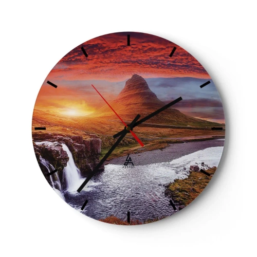 Wandklok - Klok - Een schilderachtig landschap met een berg, een waterval en een zonsondergang - 30x30cm - Een zicht op Midden-aarde - Moderne wanddecoratie voor woonkamer, keuken en slaapkamer ARTTOR