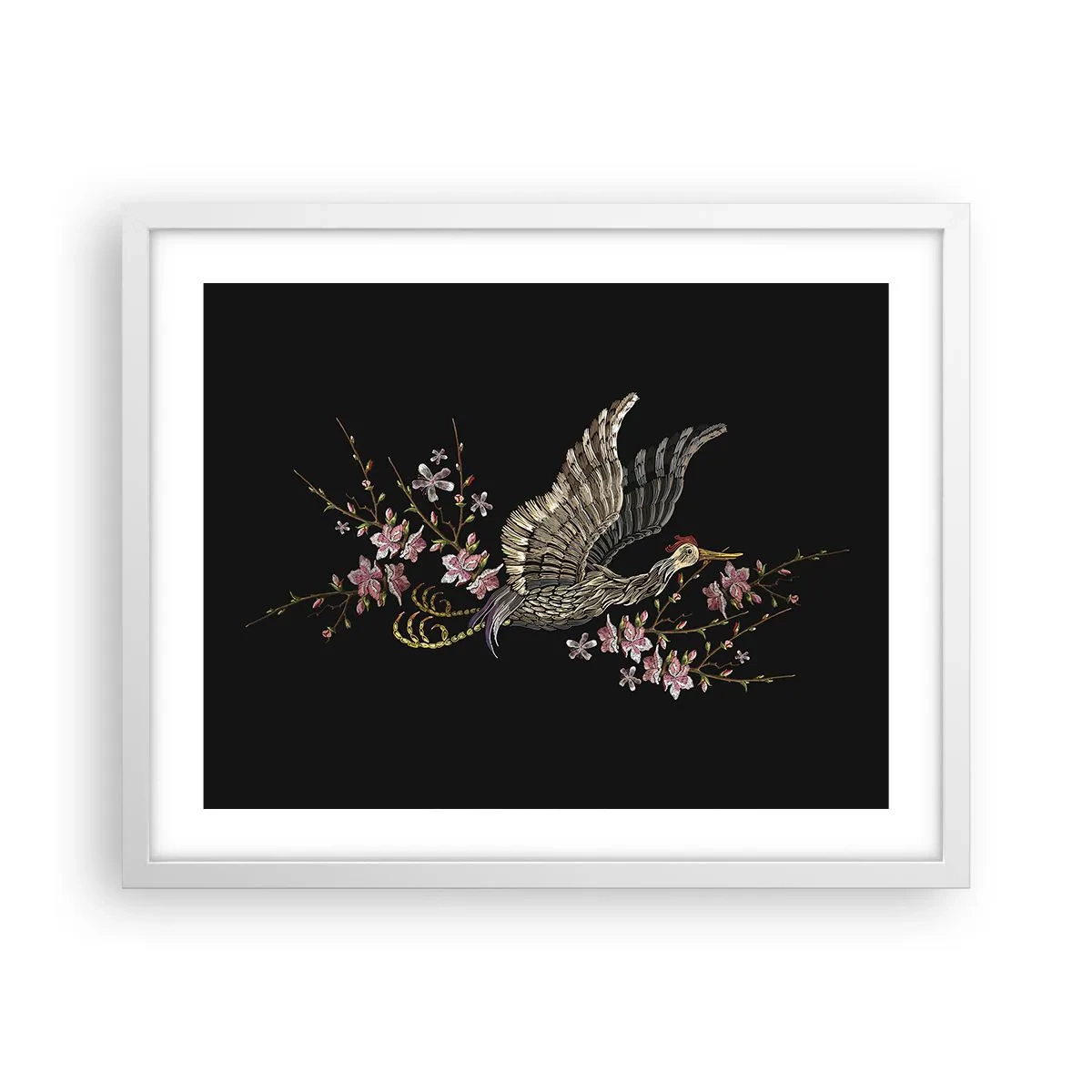 Poster in een witte lijst - Exotische geborduurde vogel - 50x40 cm