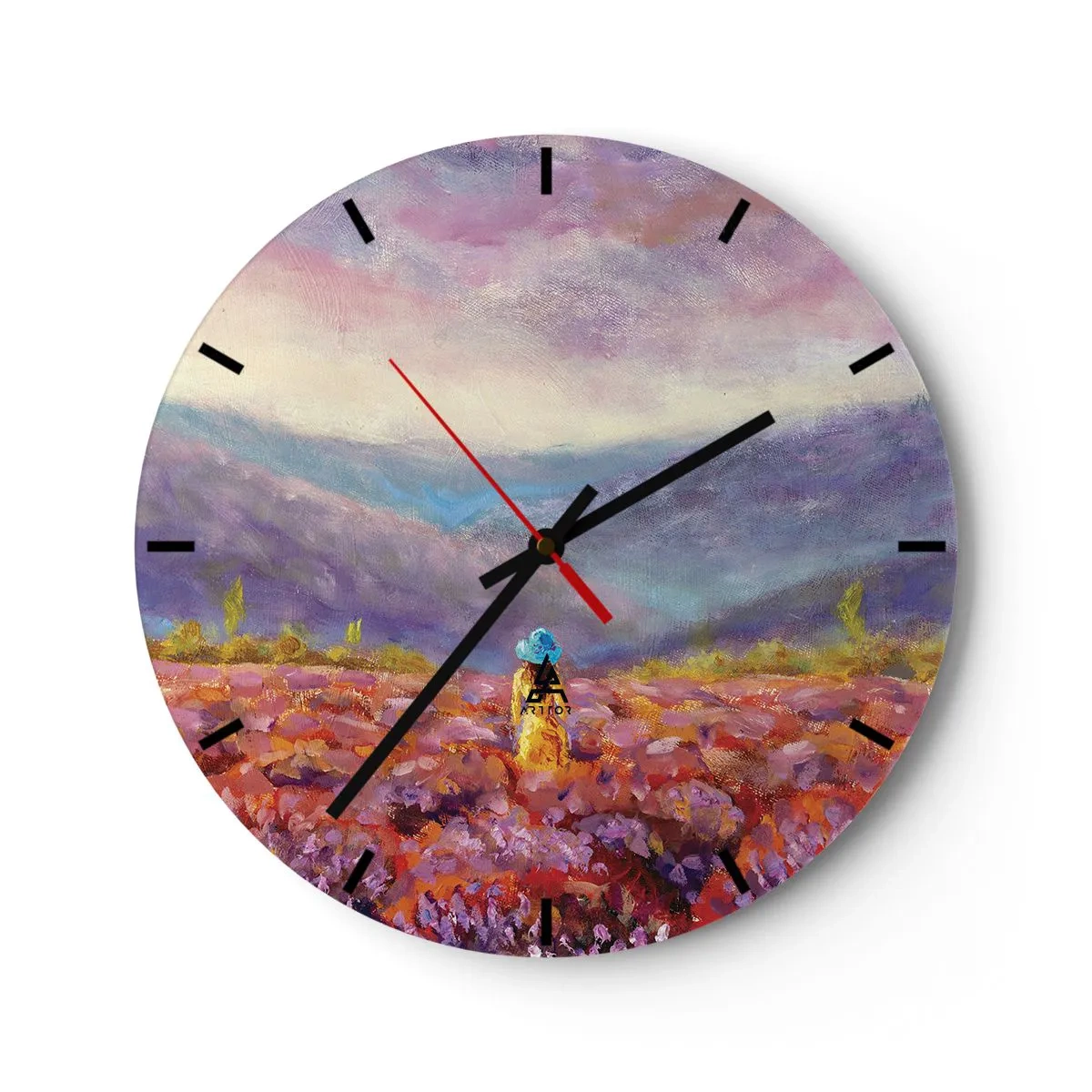Wandklok - Klok - Een vrouw met een hoed in een lavendelveld met uitzicht op de bergen - 30x30cm - In een lavendelwereld - Moderne wanddecoratie voor woonkamer, keuken en slaapkamer ARTTOR